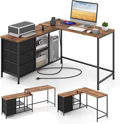 L-förmiger Schreibtisch mit Steckdose, reversibler Eckschreibtisch mit Gitterablagen