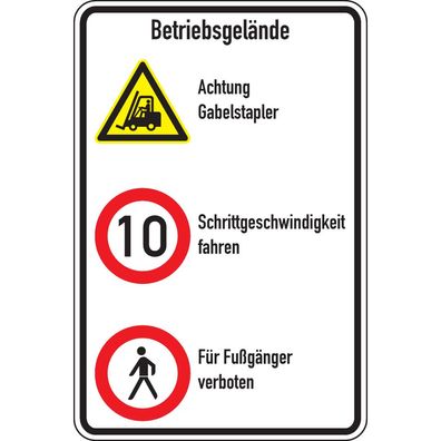 Schild Betriebsgelände, ISO, Stapler + 10km/ h + Fußgänger, Alu RA0,600x900mm