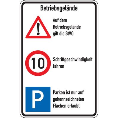 Schild Betriebsgelände, STVO + 10 km/ h + Parken, Alu RA0, reflekt.,600x900mm