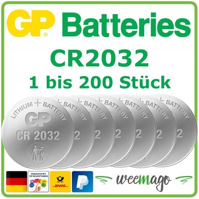 GP Battery | Lithium Knopfzelle Knopfbatterie | CR2032 | 1 - 200x Stück