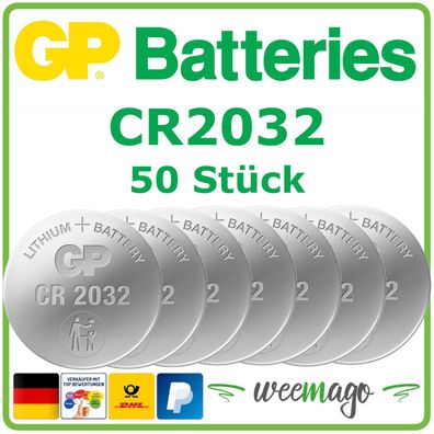GP Battery | Lithium Knopfzelle Knopfbatterie | Bulkware | CR2032 | 50 Batterien