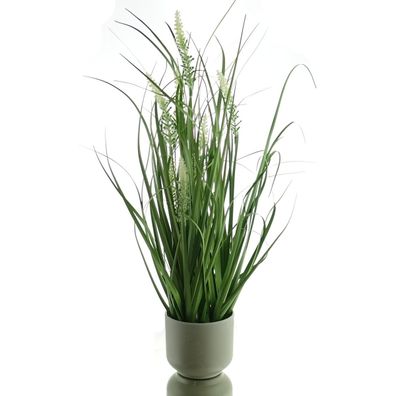 GASPER Gras mit weißen Blütenständen im grauen Melamintopf 48 cm - Kunstpflanzen