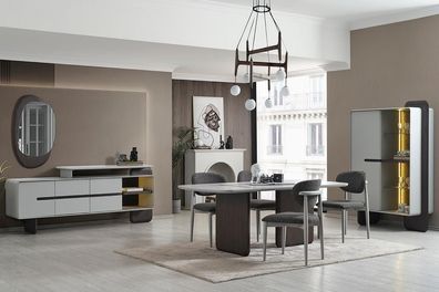Grau-Weiße Esszimmer Möbel Esstisch 4x Luxus Stühle Designer Vitrine