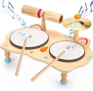 Oathx Spielzeug Kinder aus Holz Musikspielzeug Trommel 6-in-1 Musik Instrument