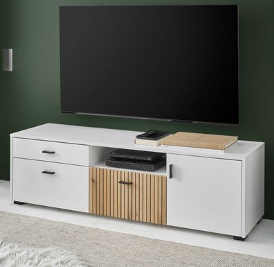 TV-Lowboard Unterschrank weiß matt Eiche TV Unterteil mit Soft-Close Merced 150 cm