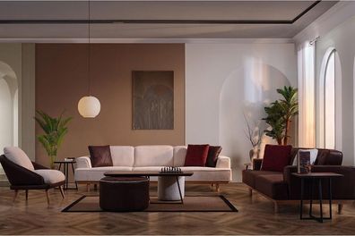 Stilvolle Braun-Weiße Sofagarnitur Wohnzimmer Sessel Couchtisch Hocker