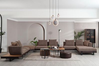 Braunes U-Form Textil Sofa Designer Ecksofa Große Polster Wohnlandschaft