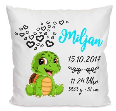 Kissen 40x40 personalisiert mit Motiv Schildkröte und den Geburtsdaten deines Kindes