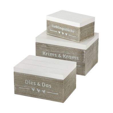 3tlg. Holzbox LOVELY HEARTS grau weiß Holzkiste Box mit Klappdeckel (3 Größen)