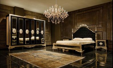 Schwarze Schlafzimmergarnitur Luxus Bett 2x Nachttische Kommode Schrank