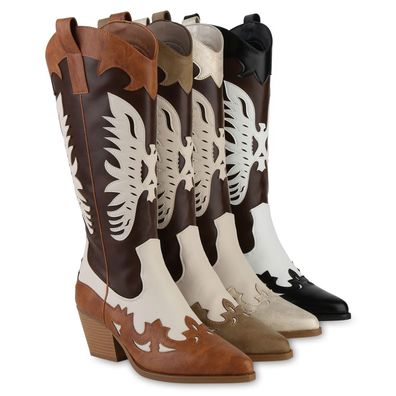 VAN HILL Damen Cowboystiefel Trichterabsatz Holzoptikabsatz Trendy Schuhe 841120