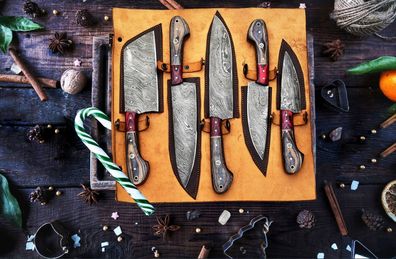Küchen Messer Set Damaststahl Handgefertigte Messer Set Mit Lederschide