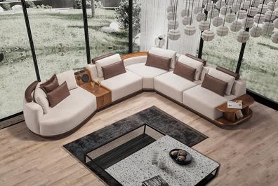 Beiges Wohnzimemr Ecksofa Exklusive L-Form Couch Modernes Holzgestell