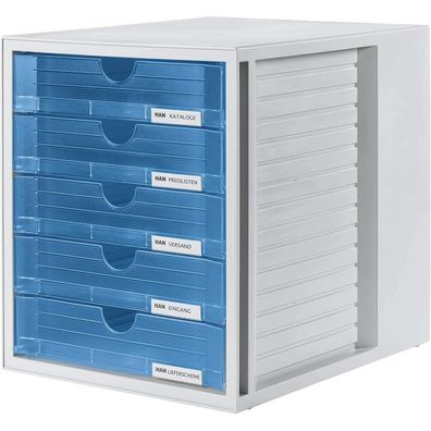 HAN Schubladenbox blau-transparent DIN A4 mit 5 Schubladen