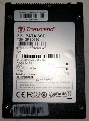 Transcend TS64GPSD330 / SSD / 64GB / intern 2.5" (6.4 cm) IDE/ ATA - gebraucht -