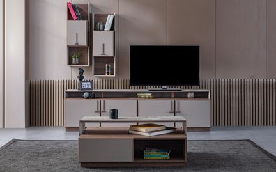 Gruppe Wohnzimmer TV Ständer Wandschränke Lowboard Grau Sofatisch 3tlg