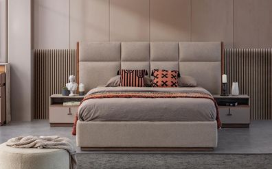 Doppelbett Schlafzimmer Bett Nachttische Grau Set 3tlg Bettkasten