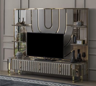 TV Ständer RTV Lowboard Sideboard Wohnzimmer Gold Grau Luxus Holz Neu