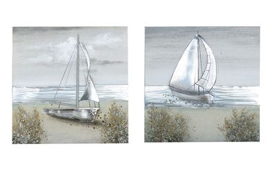 Leinwandbilder "Sailing" mit Aluminiumapplikationen, Handarbeit, 2er Set,
