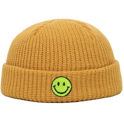 Senfgelbe SMILEY Docker Beanie Mütze - Mützen Beanies Hüte Caps Snapbacks Hats