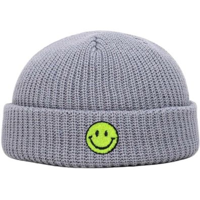 Hellgraue SMILEY Docker Beanie Mütze - Mützen Beanies Hüte Caps Snapbacks Hats