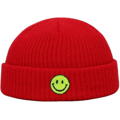 Signalrote SMILEY Docker Beanie Mütze - Mützen Beanies Hüte Caps Snapbacks Hats