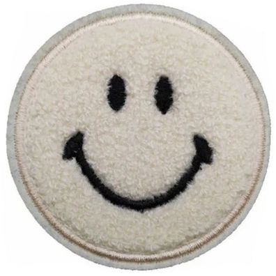 Beige SMILEY Aufnähe Ø 7,9 cm Gewebter 3D-Chenille Patch Aufnäher Sticker Aufkleber