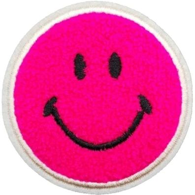 Pinke SMILEY Aufnähe Ø 7,9cm Gewebter 3D-Chenille Patch Aufnäher Sticker Aufkleber