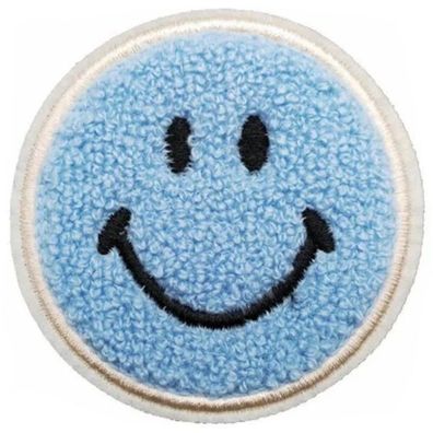 Blaue SMILEY Aufnähe Ø 7,9cm Gewebter 3D-Chenille Patch Aufnäher Sticker Aufkleber