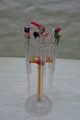 ALT: Bowle Cocktail Spieße Gabeln Picker Ständer Glas Lauscha drehbar & 6 Vögel Glas