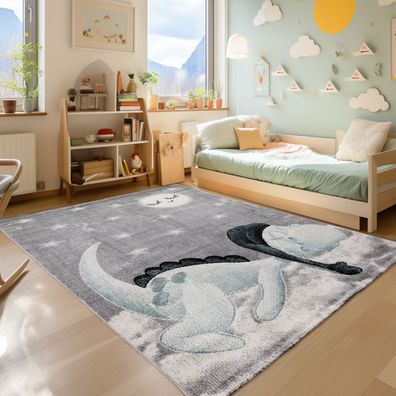 Dino Wolke Kurzflor Kinderteppich Kinderzimmer Babyzimmer Teppich Soft Grau Blau