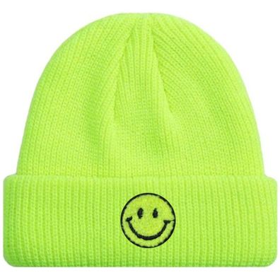 Neongelbe SMILEY Kurze Mütze Trendige-Pastellfarben - Mützen Beanies Hüte Caps Hats