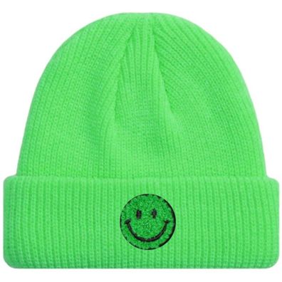 Neongrüne SMILEY Kurze Mütze Trendige-Pastellfarben - Mützen Beanies Hüte Caps Hats
