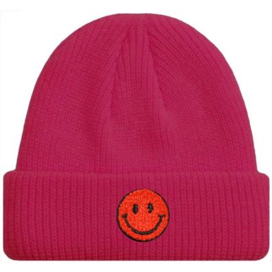Rosa SMILEY Kurze Mütze Trendige-Pastellfarben - Mützen Beanies Hüte Caps Hats