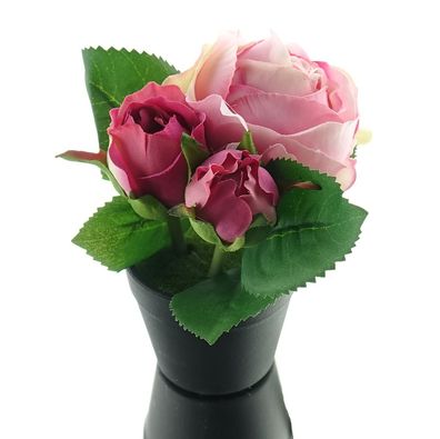 GASPER Rosen Pink im schwarzen Mini-Topf 14 cm hoch - Kunstpflanzen