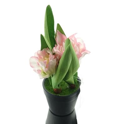 GASPER Tulpen Rosa & Weiß im schwarzen Mini-Topf 19 cm hoch - Kunstpflanzen