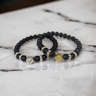 Leopard Armband aus Natursteinen schwarz mit Edelsteinen elastisch