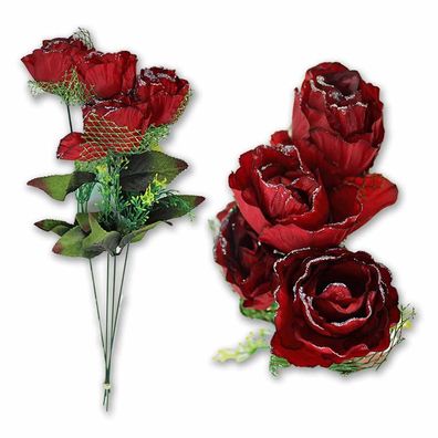 4 Stück Rose Plastik dunkelrot mit Glitzer und Grünschmuck - ca. 51 cm