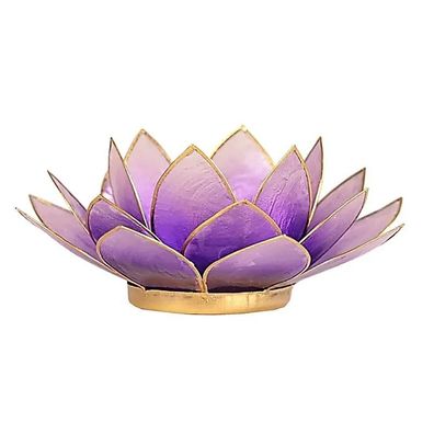 Lotus Teelichthalter, Capiz Muschel, violett, Goldrand, 13,5 x 5,5 cm