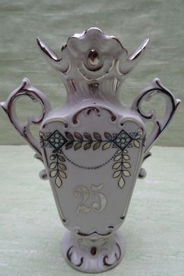 alte Vase zur Silberhochzeit weiß-silbern "25" ca 17cm