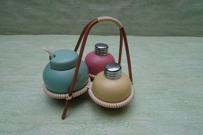 Menage Pfeffer- Salzstreuer Senftopf & Löffel "Korbgestell Keramik rosa gelb grünlich