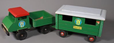 Antik Holzspielzeug Mercedes Laster + Anhänger Hoch & Tiefbau - Nr. 2#U5