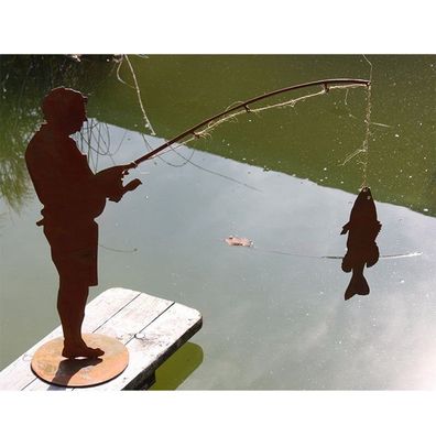 Deko Teichfigur Angler "Otmar" mit Fisch, H60cm, Edelrost, von Rostikal