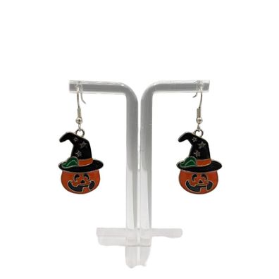 Halloween Ohrhaken im Kürbis mit Hut Design orange grün schwarz silber
