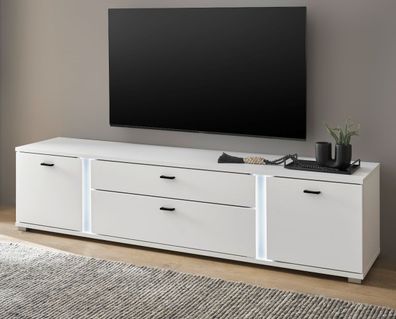 TV Lowboard Flat TV-Unterteil in weiß matt inkl Beleuchtung Soft-Close Bellport 200cm