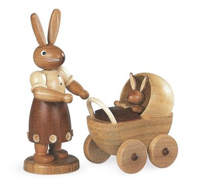 Osterfigur Hasenmutter mit Kinderwagen natur klein H= 11cm NEU Osterdeko Ostern