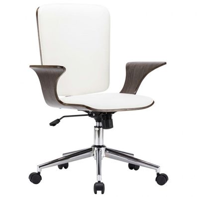 Drehbarer Bürostuhl Weiß Kunstleder und Bugholz (Farbe: Weiß)