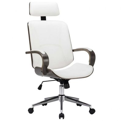 Drehbarer Bürostuhl mit Kopfstütze Weiß Kunstleder und Bugholz (Farbe: Weiß)