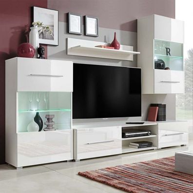 Fünfteilige Wohnwand TV-Schrank mit LED-Beleuchtung Weiß (Farbe: Weiß)