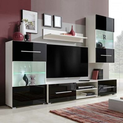 Fünfteilige Wohnwand TV-Schrank mit LED-Beleuchtung Schwarz (Farbe: Schwarz)